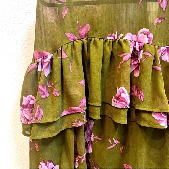 Forever 21 Green Floral Sheer Long Sleeves Ruffled Top Mock Neck Size S - Picture 5 of 13